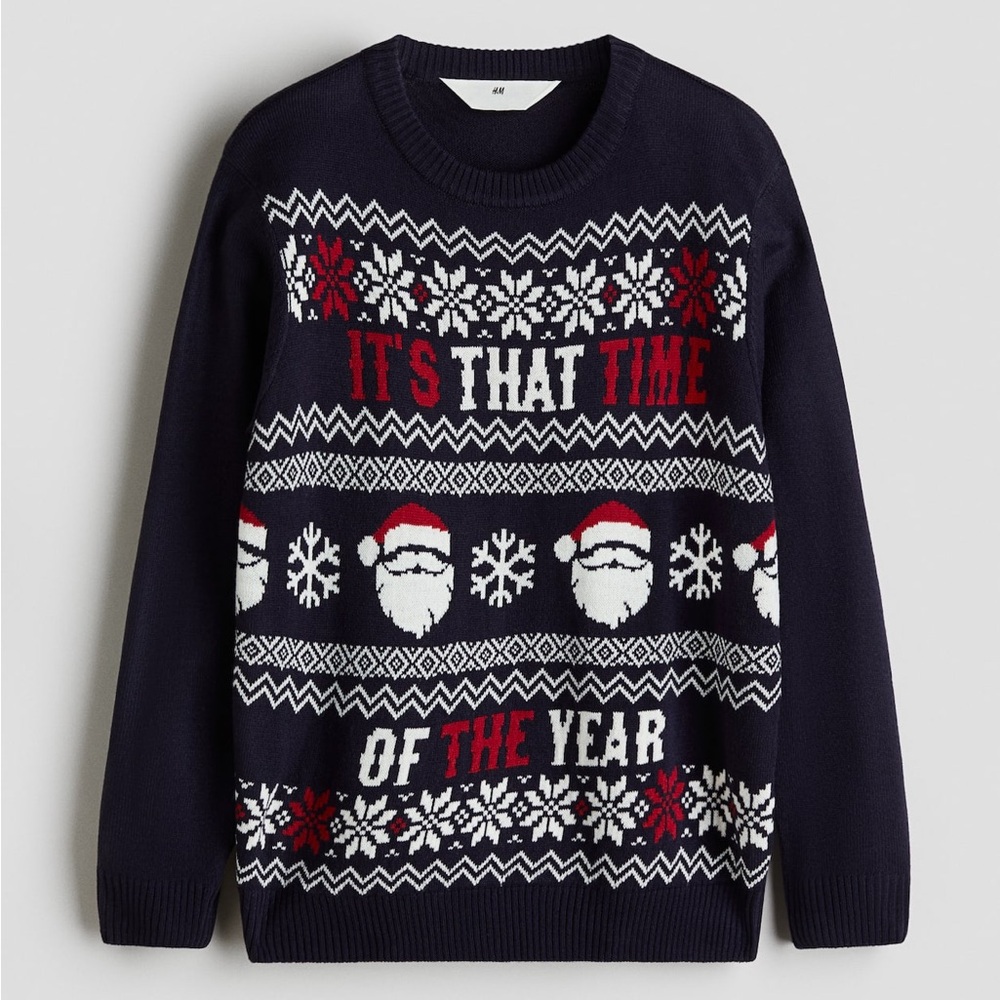 H&M JACQUARD-KNIT SWEATER light weight Navy Blue /Santa 12-14 years Boys NWT